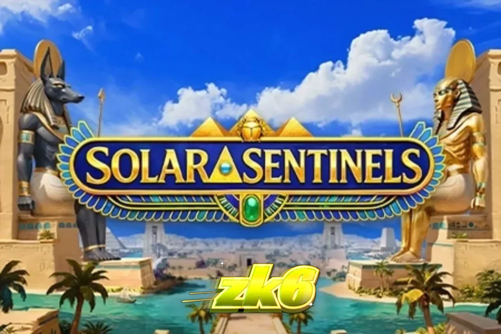 Tampilan visual slot Solar Sentinels dengan latar belakang monumen Mesir kuno